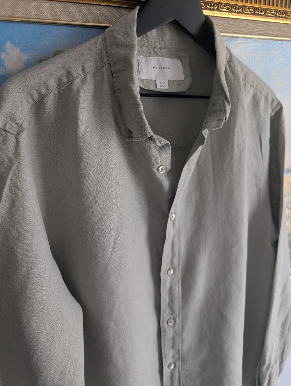 Zara Origins 100% Linen Khaki Button-Up Shirt